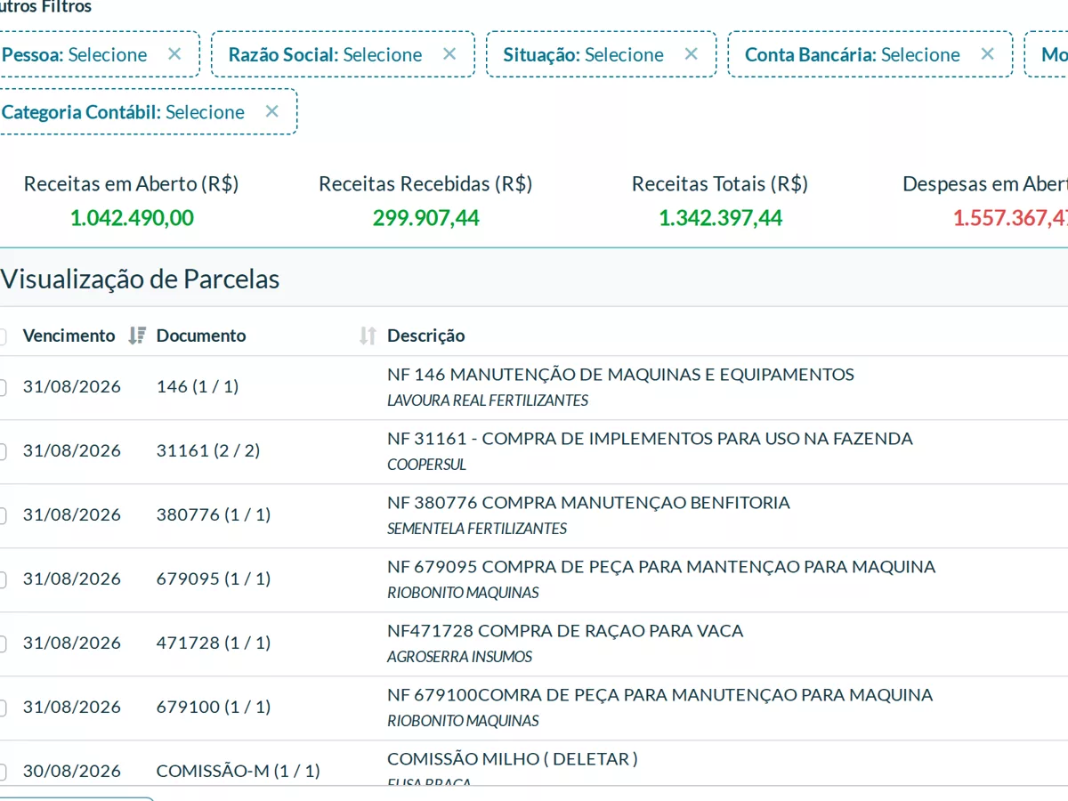 Contas a Pagar e Receber do Plantae